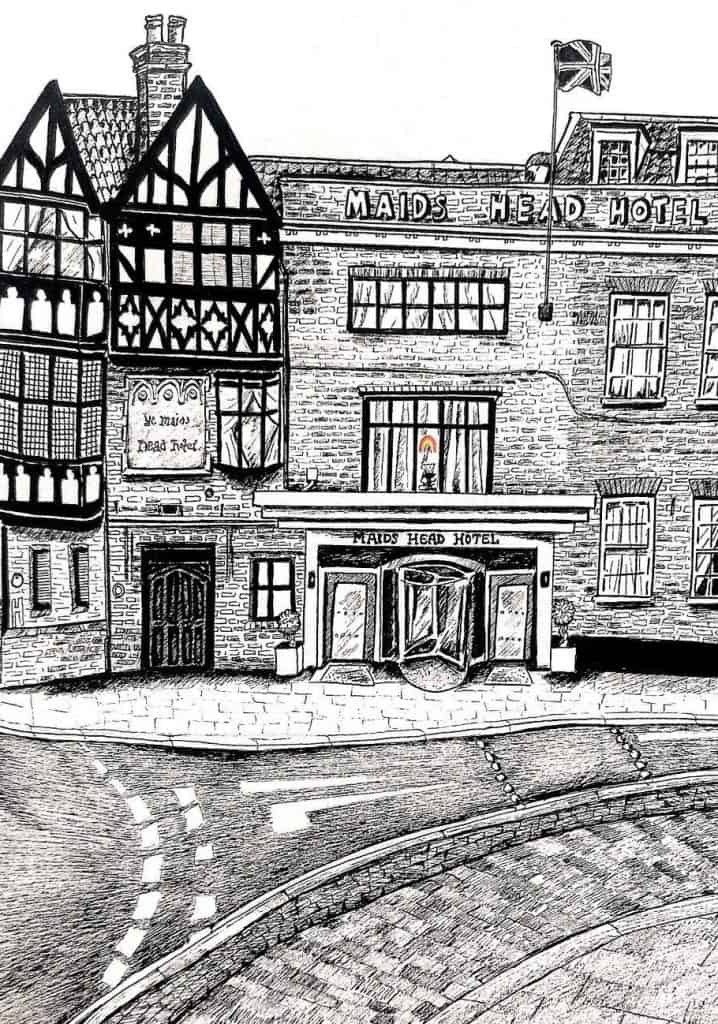 Hand drawing by Susan Hendry of The Maids Head Hotel