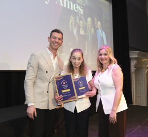 Head Housekeeper, Mandy Ames, with Assistant Reception Manager Sarah Prior, collecting her award from Chris Paige at the Suffolk and Norfolk Tourism Awards