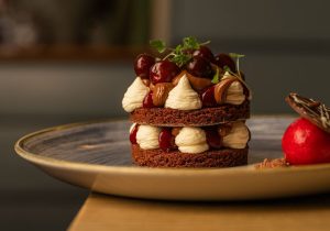 Spring City Break in Norwich WinePress Restaurant- Cherry Gâteau Dark chocolate crèmeux, Chantilly cream, boozy cherry gel, Kirsch cherries, cherry sorbet