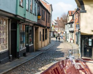 Elm Hill Norwich from front seat of Maids Head Bentley
